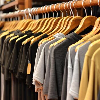 fila de de moda polo camisetas para hombre en de madera percha o estante en un ropa boutique Al por menor tienda concepto por ai generado foto