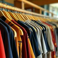 Row of fashionable polo t-shirts for man on wooden hanger or rack in a clothing boutique retail shop concept by AI Generated photo