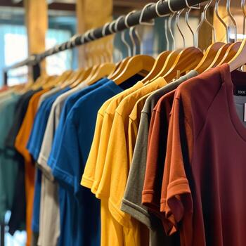 fila de de moda polo camisetas para hombre en de madera percha o estante en un ropa boutique Al por menor tienda concepto por ai generado foto