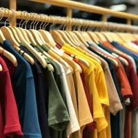 Row of fashionable polo t-shirts for man on wooden hanger or rack in a clothing boutique retail shop concept by AI Generated photo