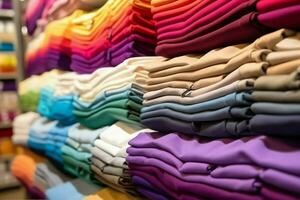 Row of fashionable polo t-shirts for man on wooden hanger or rack in a clothing boutique retail shop concept by AI Generated photo