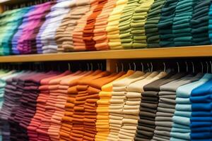 Row of fashionable polo t-shirts for man on wooden hanger or rack in a clothing boutique retail shop concept by AI Generated photo