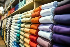 Row of fashionable polo t-shirts for man on wooden hanger or rack in a clothing boutique retail shop concept by AI Generated photo