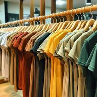 fila de de moda polo camisetas para hombre en de madera percha o estante en un ropa boutique Al por menor tienda concepto por ai generado foto