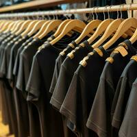 Row of fashionable polo t-shirts for man on wooden hanger or rack in a clothing boutique retail shop concept by AI Generated photo