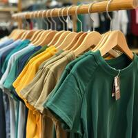 Row of fashionable polo t-shirts for man on wooden hanger or rack in a clothing boutique retail shop concept by AI Generated photo