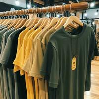 Row of fashionable polo t-shirts for man on wooden hanger or rack in a clothing boutique retail shop concept by AI Generated photo