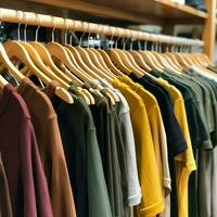 Row of fashionable polo t-shirts for man on wooden hanger or rack in a clothing boutique retail shop concept by AI Generated photo