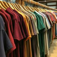 Row of fashionable polo t-shirts for man on wooden hanger or rack in a clothing boutique retail shop concept by AI Generated photo