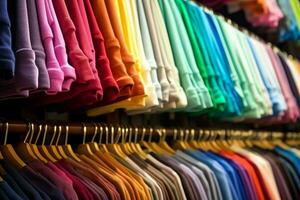 Row of fashionable polo t-shirts for man on wooden hanger or rack in a clothing boutique retail shop concept by AI Generated photo