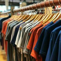 Row of fashionable polo t-shirts for man on wooden hanger or rack in a clothing boutique retail shop concept by AI Generated photo