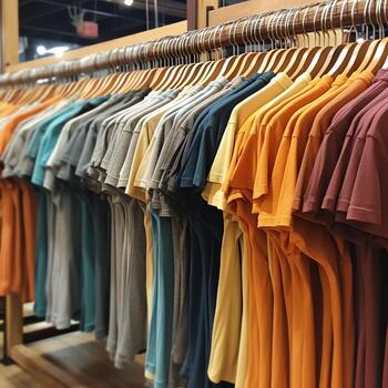 fila de de moda polo camisetas para hombre en de madera percha o estante en un ropa boutique Al por menor tienda concepto por ai generado foto