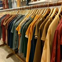 Row of fashionable polo t-shirts for man on wooden hanger or rack in a clothing boutique retail shop concept by AI Generated photo