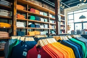 Row of fashionable polo t-shirts for man on wooden hanger or rack in a clothing boutique retail shop concept by AI Generated photo