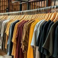 fila de de moda polo camisetas para hombre en de madera percha o estante en un ropa boutique Al por menor tienda concepto por ai generado foto