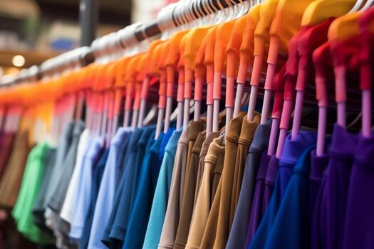 fila de de moda polo camisetas para hombre en de madera percha o estante en un ropa boutique Al por menor tienda concepto por ai generado foto