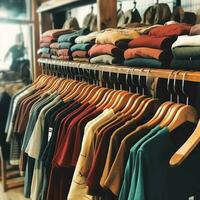 Row of fashionable polo t-shirts for man on wooden hanger or rack in a clothing boutique retail shop concept by AI Generated photo