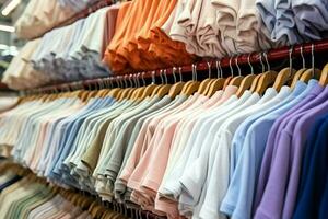 Row of fashionable polo t-shirts for man on wooden hanger or rack in a clothing boutique retail shop concept by AI Generated photo