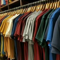 Row of fashionable polo t-shirts for man on wooden hanger or rack in a clothing boutique retail shop concept by AI Generated photo