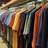 Row of fashionable polo t-shirts for man on wooden hanger or rack in a clothing boutique retail shop concept by AI Generated photo