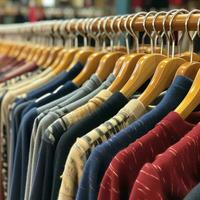 Row of fashionable polo t-shirts for man on wooden hanger or rack in a clothing boutique retail shop concept by AI Generated photo