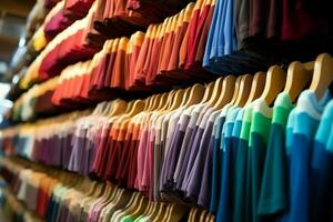 Row of fashionable polo t-shirts for man on wooden hanger or rack in a clothing boutique retail shop concept by AI Generated photo