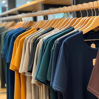 fila de de moda polo camisetas para hombre en de madera percha o estante en un ropa boutique Al por menor tienda concepto por ai generado foto