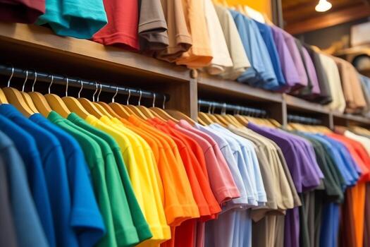 fila de de moda polo camisetas para hombre en de madera percha o estante en un ropa boutique Al por menor tienda concepto por ai generado foto