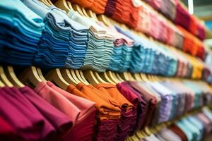 Row of fashionable polo t-shirts for man on wooden hanger or rack in a clothing boutique retail shop concept by AI Generated photo