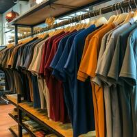 Row of fashionable polo t-shirts for man on wooden hanger or rack in a clothing boutique retail shop concept by AI Generated photo