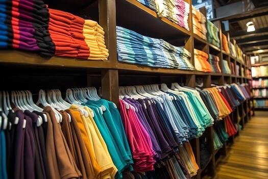 fila de de moda polo camisetas para hombre en de madera percha o estante en un ropa boutique Al por menor tienda concepto por ai generado foto