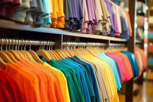 Row of fashionable polo t-shirts for man on wooden hanger or rack in a clothing boutique retail shop concept by AI Generated photo