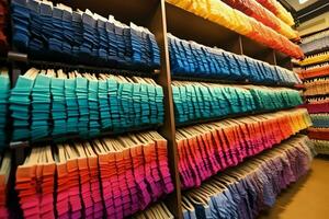 Row of fashionable polo t-shirts for man on wooden hanger or rack in a clothing boutique retail shop concept by AI Generated photo