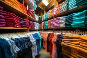 Row of fashionable polo t-shirts for man on wooden hanger or rack in a clothing boutique retail shop concept by AI Generated photo