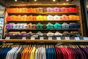 Row of fashionable polo t-shirts for man on wooden hanger or rack in a clothing boutique retail shop concept by AI Generated photo