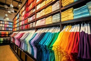 Row of fashionable polo t-shirts for man on wooden hanger or rack in a clothing boutique retail shop concept by AI Generated photo