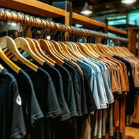 Row of fashionable polo t-shirts for man on wooden hanger or rack in a clothing boutique retail shop concept by AI Generated photo