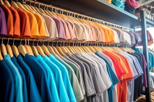 fila de de moda polo camisetas para hombre en de madera percha o estante en un ropa boutique Al por menor tienda concepto por ai generado foto