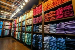 Row of fashionable polo t-shirts for man on wooden hanger or rack in a clothing boutique retail shop concept by AI Generated photo