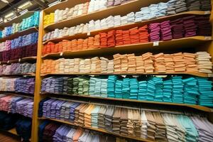 Row of fashionable polo t-shirts for man on wooden hanger or rack in a clothing boutique retail shop concept by AI Generated photo