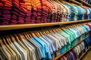 fila de de moda polo camisetas para hombre en de madera percha o estante en un ropa boutique Al por menor tienda concepto por ai generado foto