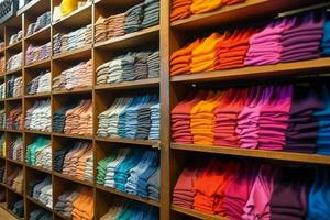 Row of fashionable polo t-shirts for man on wooden hanger or rack in a clothing boutique retail shop concept by AI Generated photo