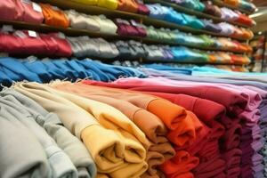 Row of fashionable polo t-shirts for man on wooden hanger or rack in a clothing boutique retail shop concept by AI Generated photo