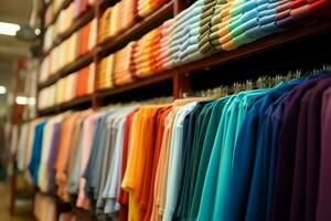 Row of fashionable polo t-shirts for man on wooden hanger or rack in a clothing boutique retail shop concept by AI Generated photo