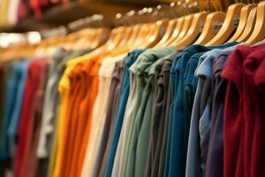 Row of fashionable polo t-shirts for man on wooden hanger or rack in a clothing boutique retail shop concept by AI Generated photo