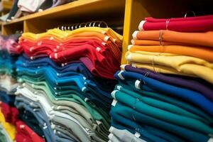 Row of fashionable polo t-shirts for man on wooden hanger or rack in a clothing boutique retail shop concept by AI Generated photo