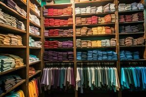 fila de de moda polo camisetas para hombre en de madera percha o estante en un ropa boutique Al por menor tienda concepto por ai generado foto