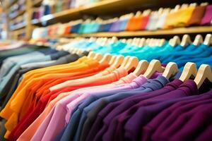 Row of fashionable polo t-shirts for man on wooden hanger or rack in a clothing boutique retail shop concept by AI Generated photo