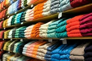 Row of fashionable polo t-shirts for man on wooden hanger or rack in a clothing boutique retail shop concept by AI Generated photo