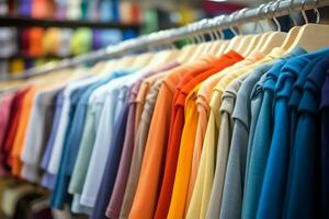 Row of fashionable polo t-shirts for man on wooden hanger or rack in a clothing boutique retail shop concept by AI Generated photo